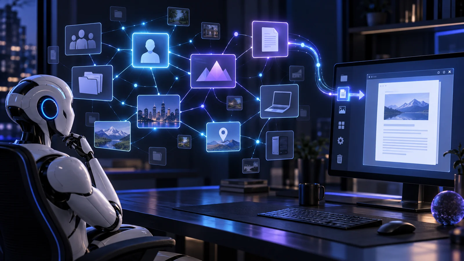 Concept illustration of dossiers, contextual memory and a desktop application handoff
