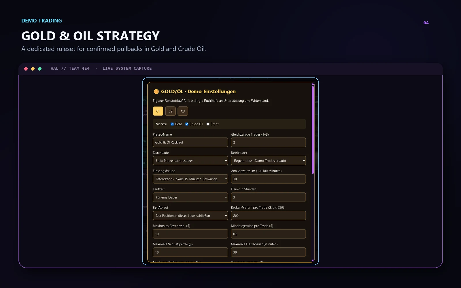 Gold and Oil DEMO strategy setup