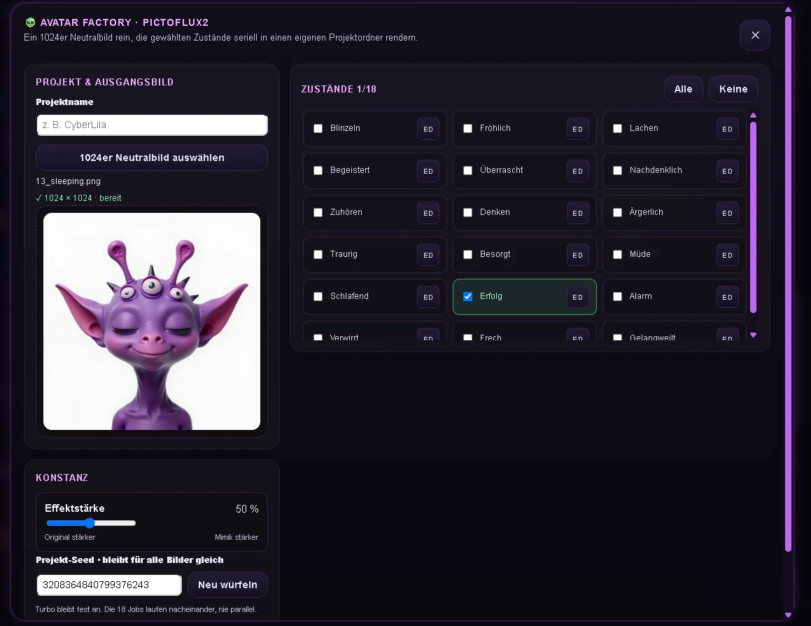 HAL Avatar Factory with a neutral source image and 18 selectable facial states