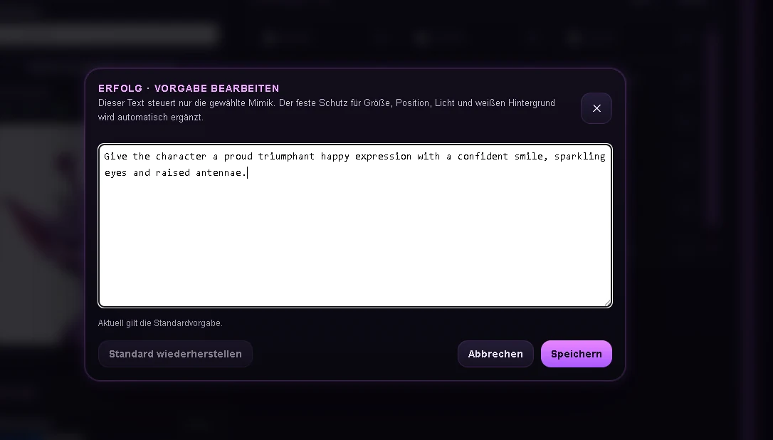 Avatar Factory editor for a single expression prompt