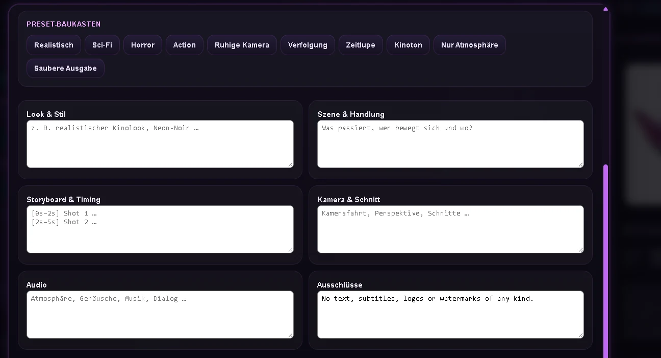 MiniMax H3 block-based prompt builder for scene, storyboard, camera and audio