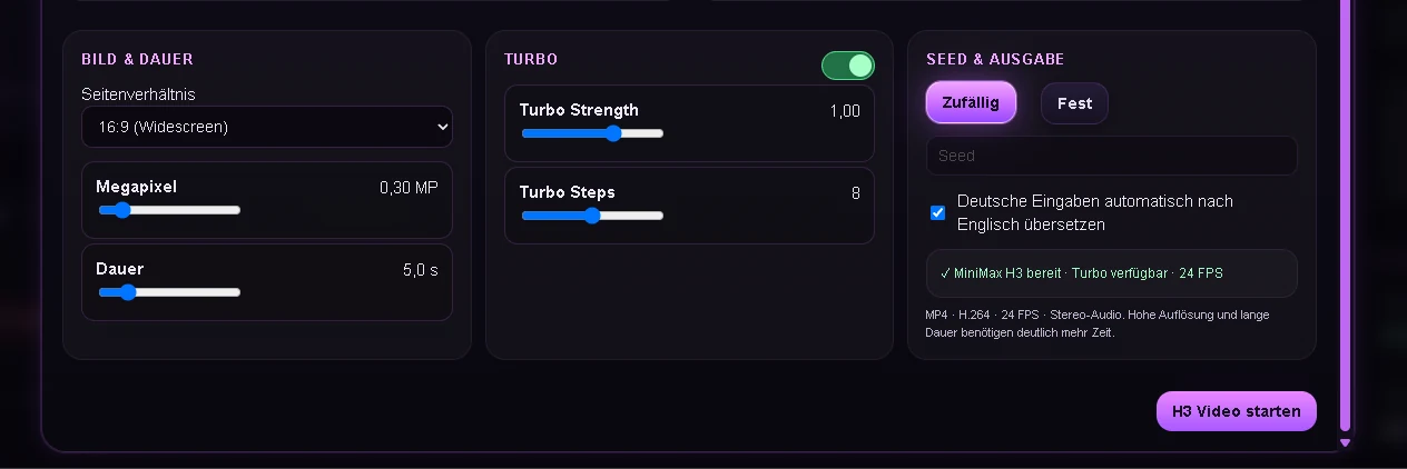 MiniMax H3 duration, seed and Turbo controls